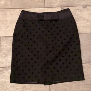 Loft black mini pencil skirt with velvet black polka dots and waist w/bow